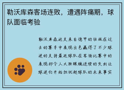 勒沃库森客场连败，遭遇阵痛期，球队面临考验